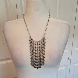 Boho Necklace Diamond Pattern Bib Style Silver With Amber & Turquoise Color